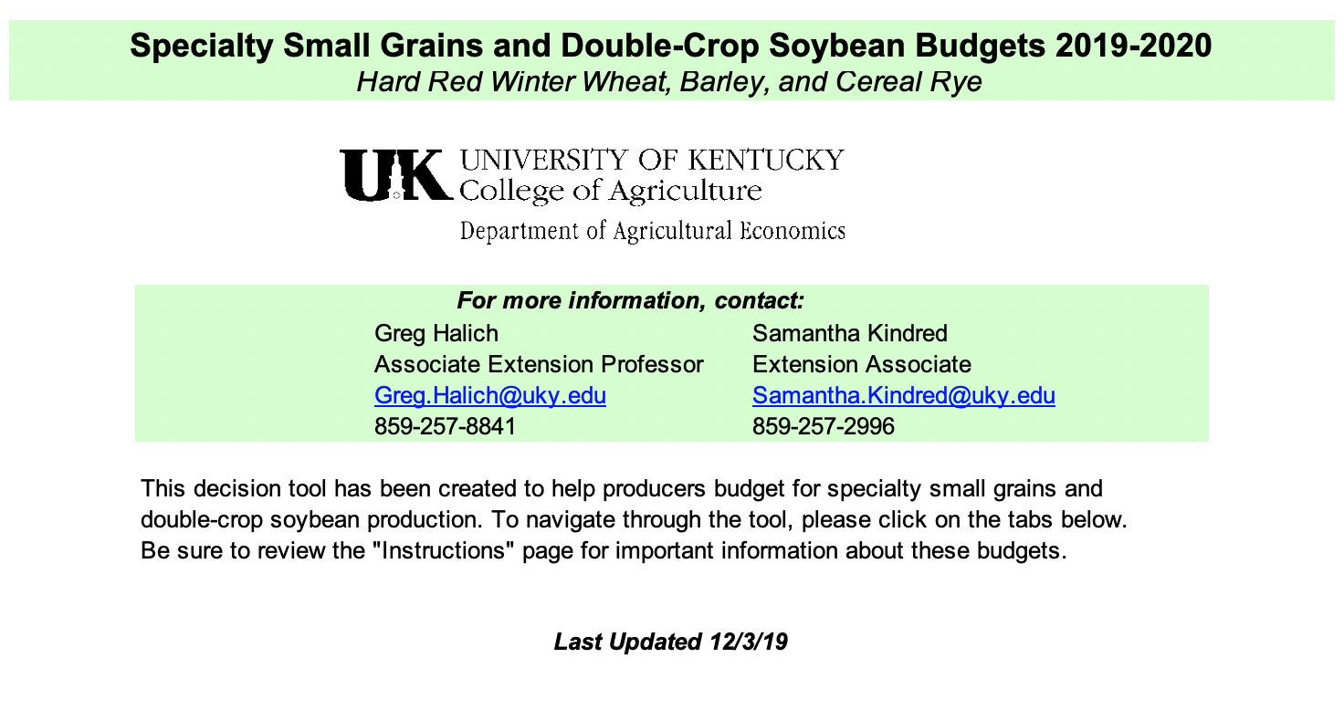 Specialty Small Grains and Double-Crop Soybean Budgets 2019-2020